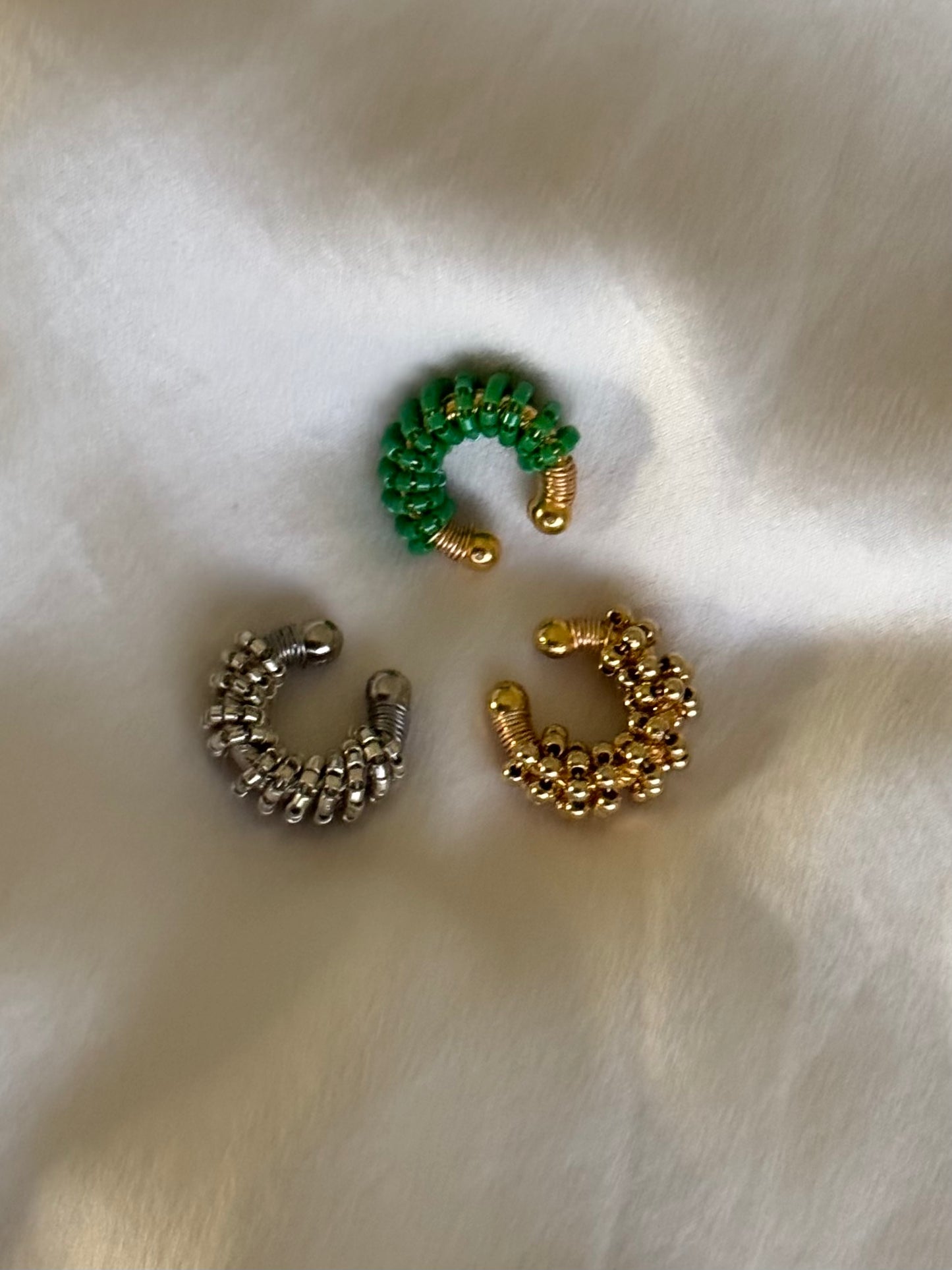 Beaded Ear Cuffs Trio – Gold, Silver & Green Elegance