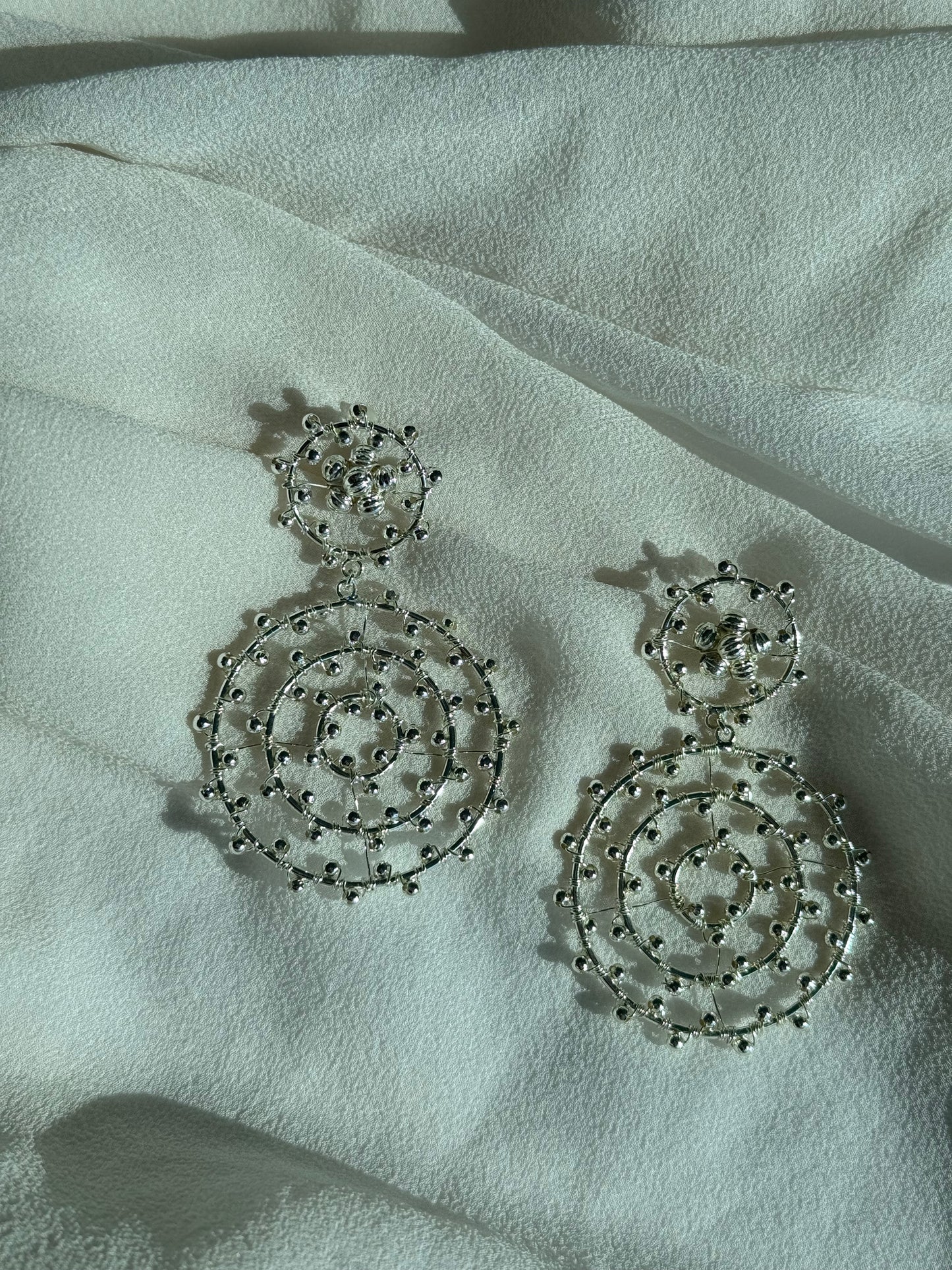 Silver Spiral Beaded Drop Earrings – Elegant & Artistic Design