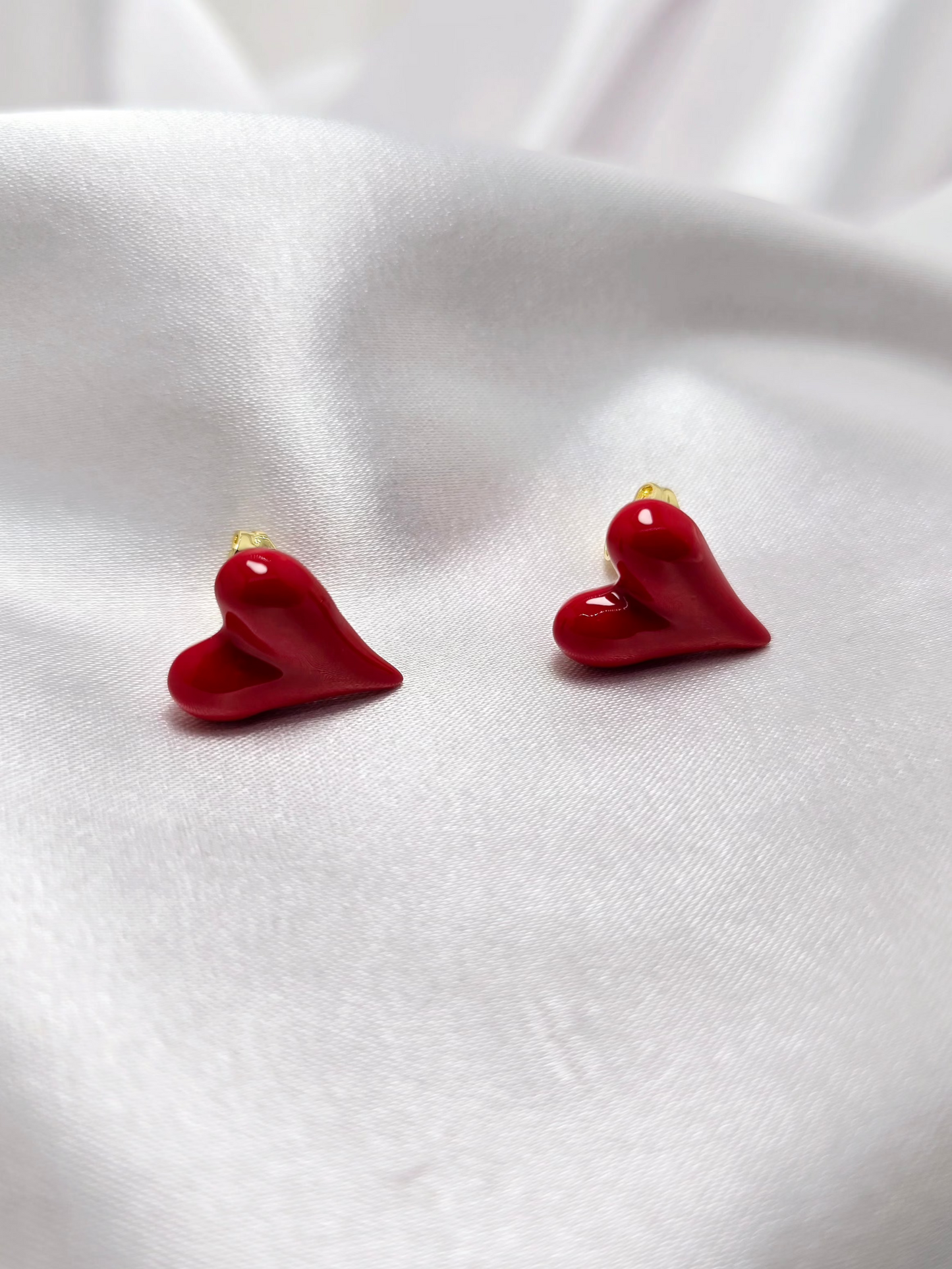 Small Gold Heart Earrings with Red Enamel – Romantic & Elegant