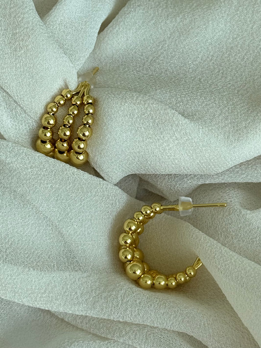 24K Gold Beaded Hoop Earrings – Triple Row Textured Design