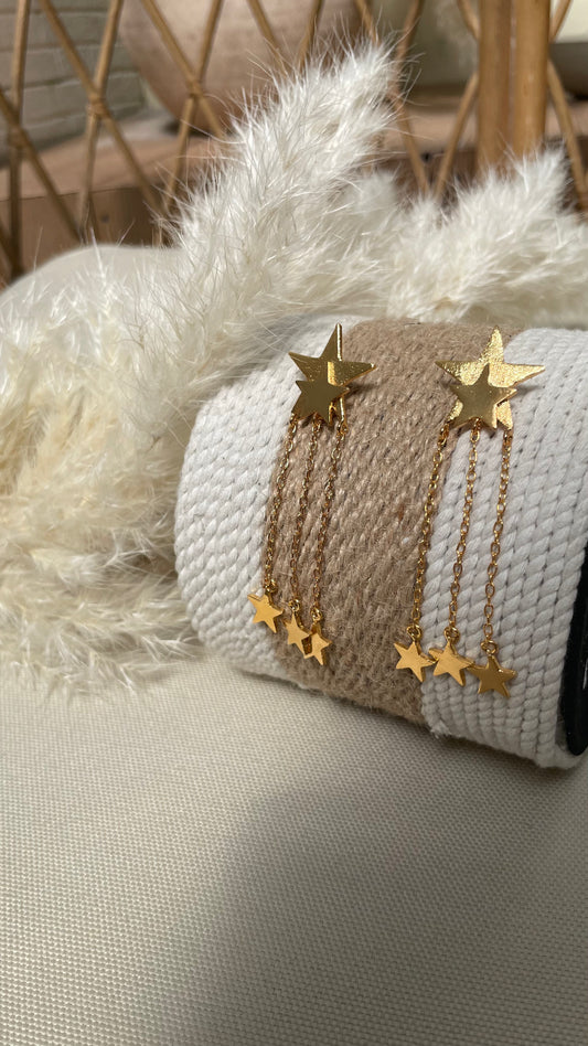 24K Gold Star Drop Earrings – Triple Chain Celestial Design